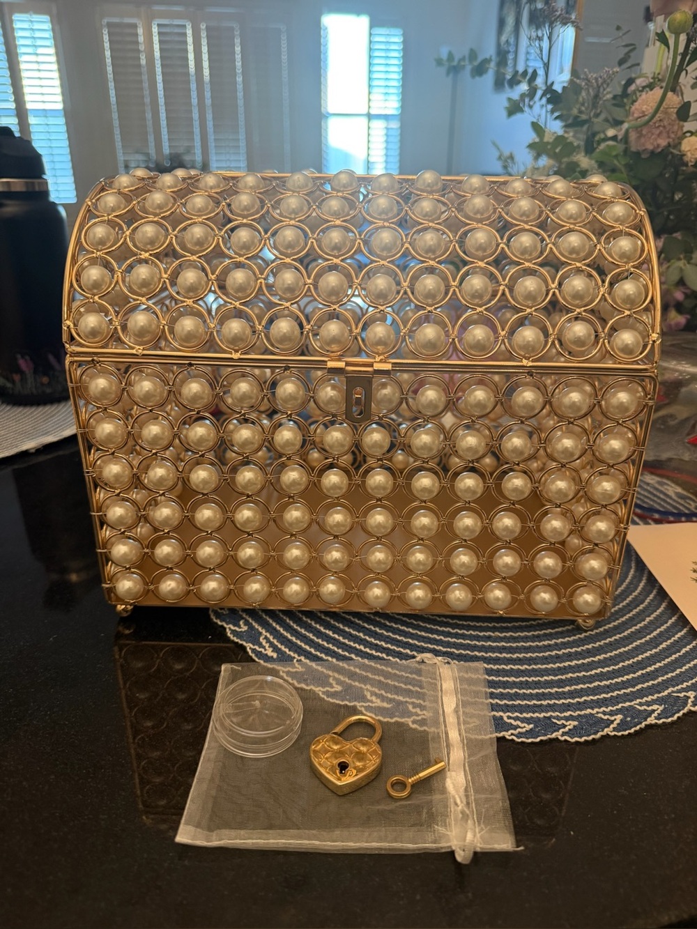 Faux Pearl Decorative Wedding Card Box with Heart Lock